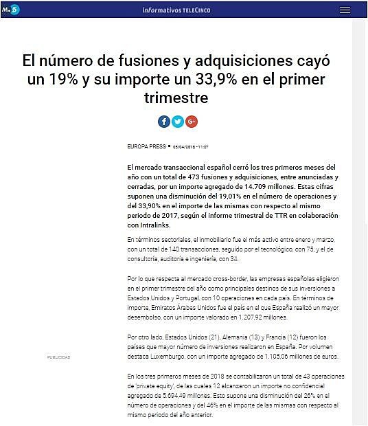 El nmero de fusiones y adquisiciones cay un 19% y su importe un 33,9% en el primer trimestre